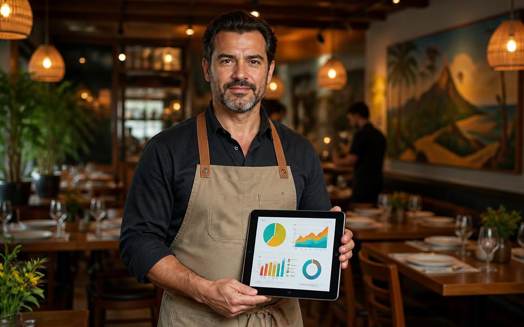 Dono da loja analisando relatórios de vendas